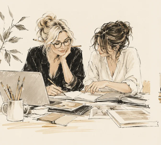Mentoría y dirección creativa: ilustración de dos mujeres trabajando juntas — Sun Art Visual