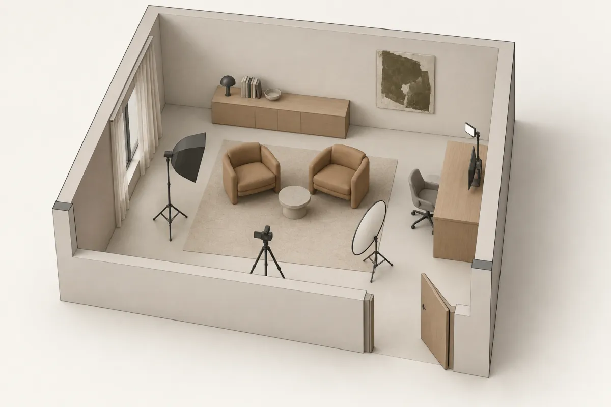 Plano 3D del set de grabación: concepto, diseño, luces y cámaras — Sun Art Visual
